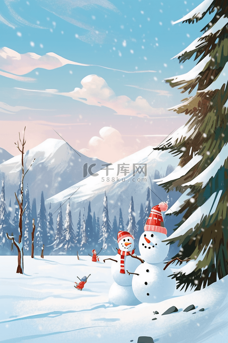 冬天雪景手绘海报插画