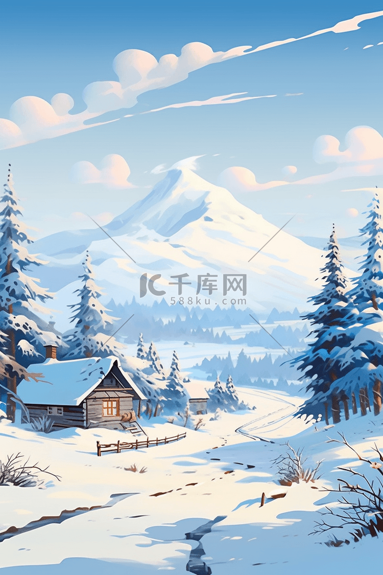 冬天唯美雪景插画海报