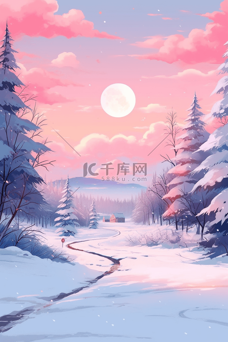 冬天唯美明月插画手绘海报