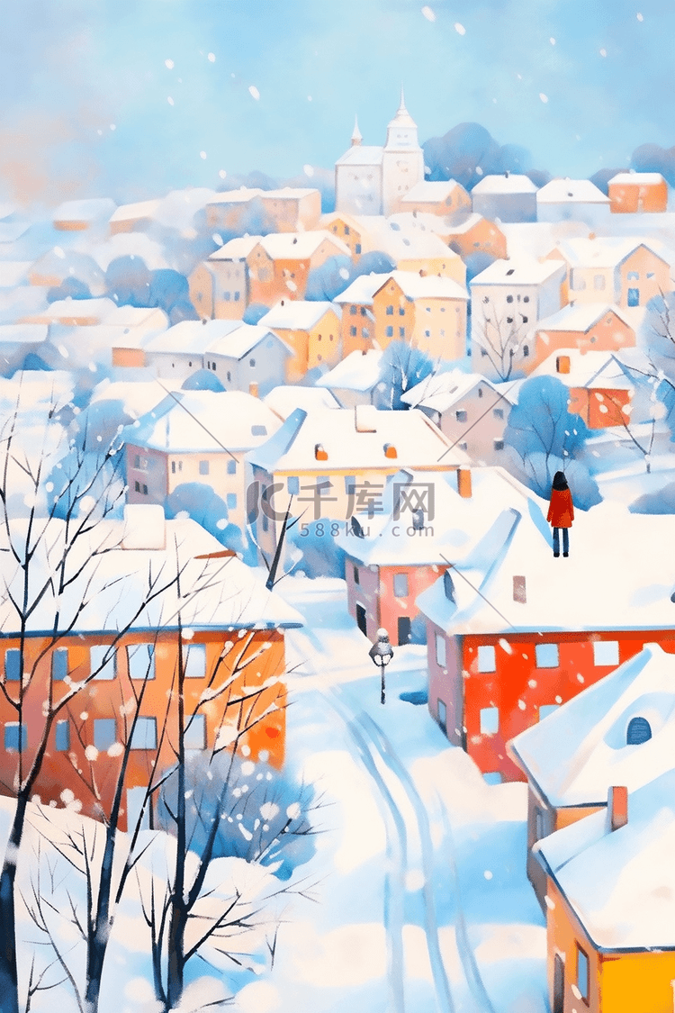覆盖着雪冬天雪景小镇水彩手绘插画