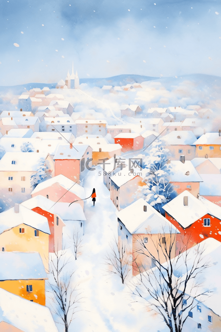 冬天雪景小镇覆盖着雪水彩插画手绘