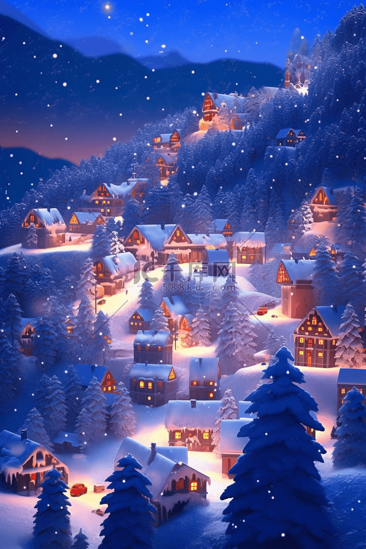 冬天雪景插画夜晚唯美海报