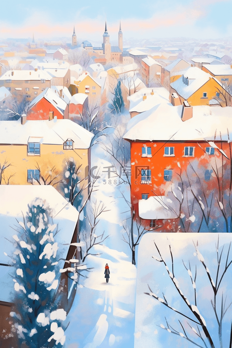 雪景冬天小镇覆盖着雪水彩手绘插画