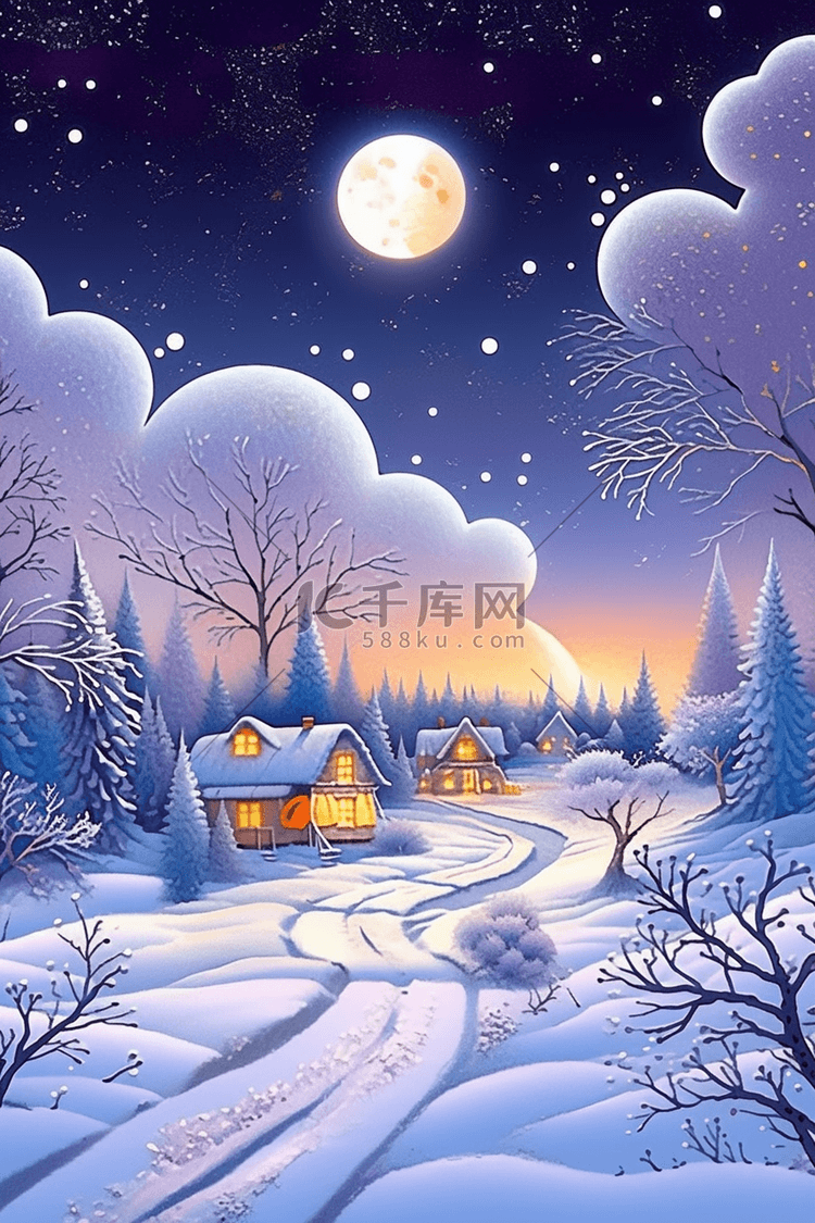 唯美雪景圆月冬天插画海报