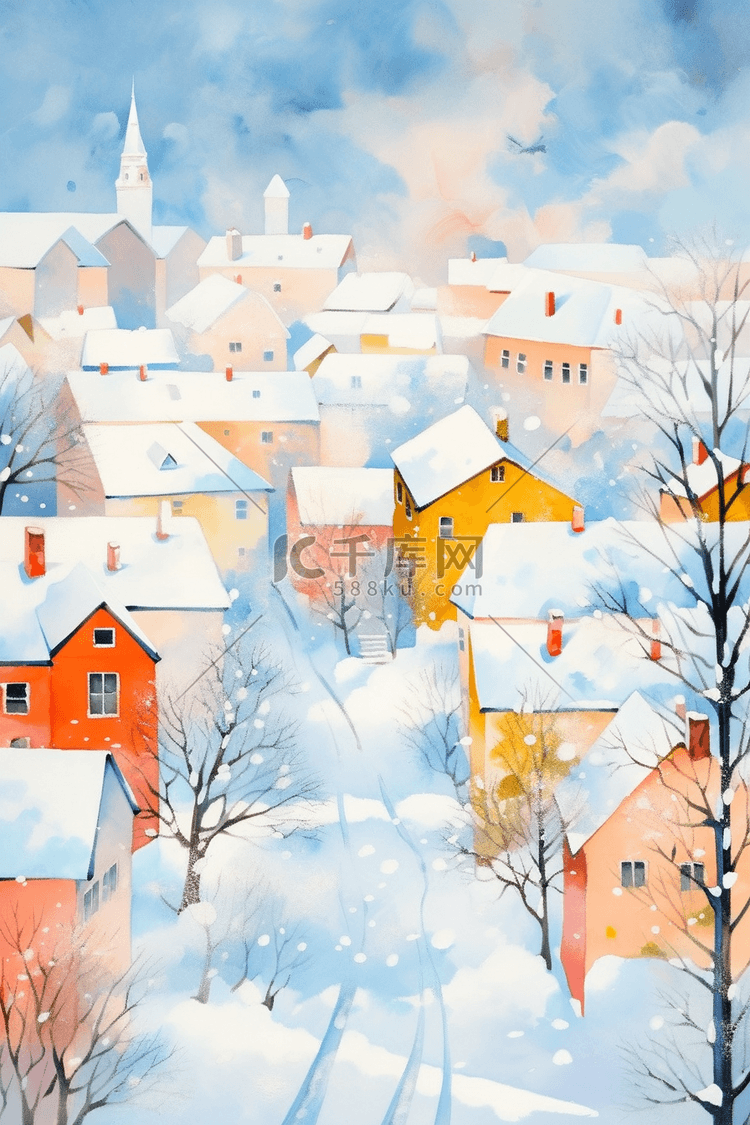 冬天雪景手绘小镇覆盖着雪水彩插画