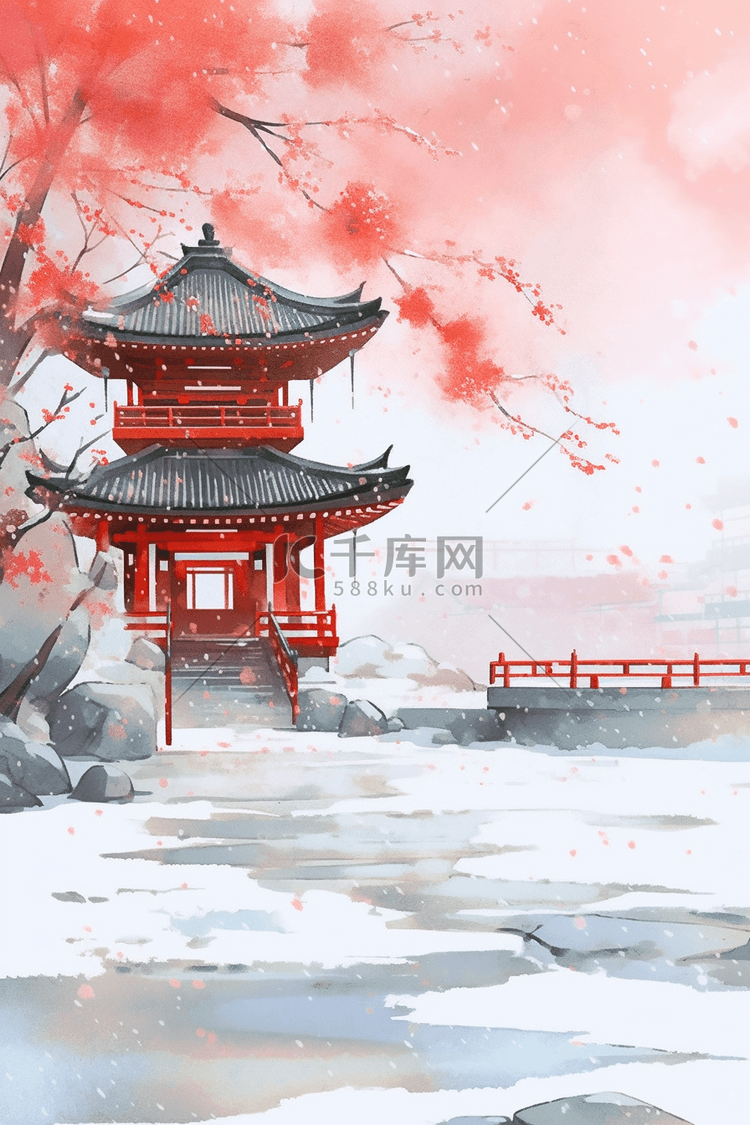 手绘水彩冬天古典建筑红叶插画