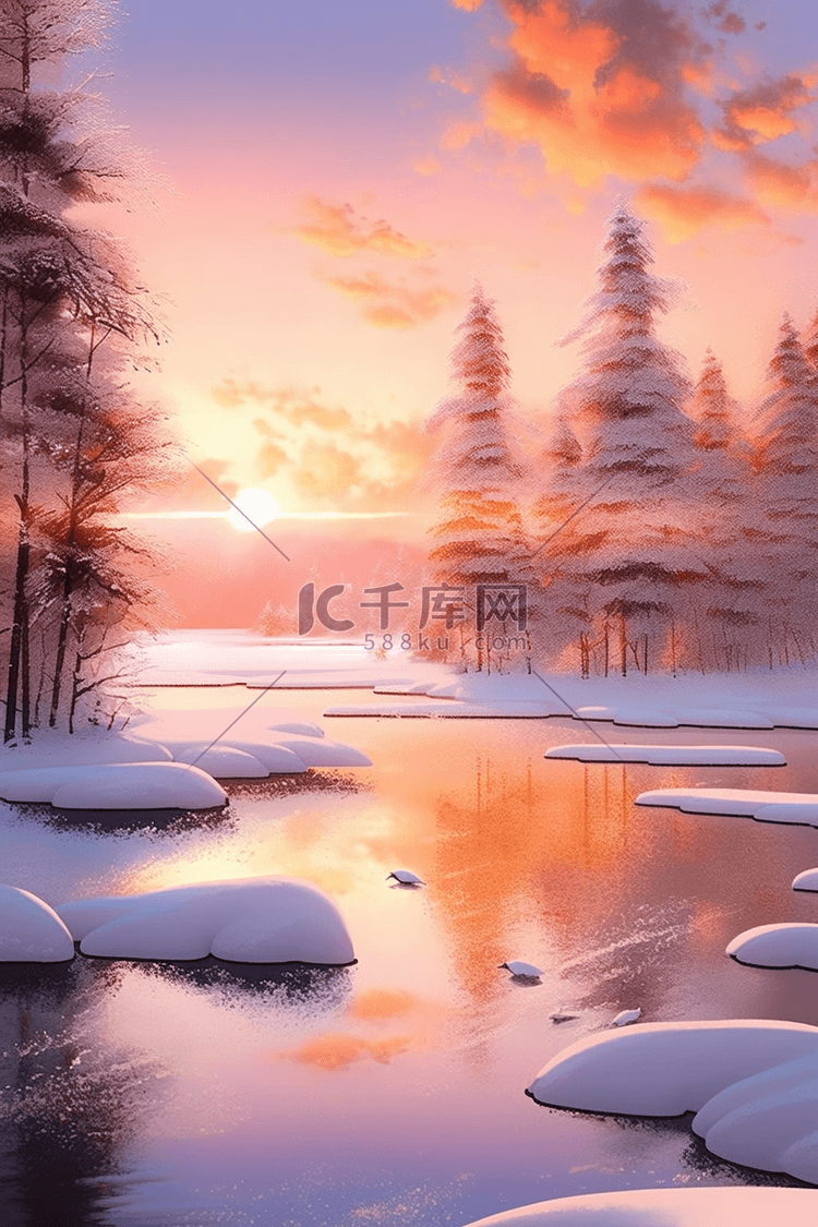 冬天晚霞唯美雪景手绘插画