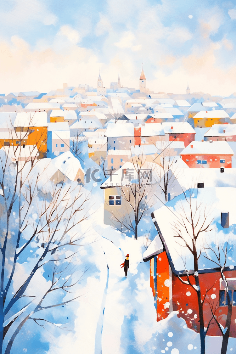 手绘冬天雪景小镇覆盖着雪水彩插画