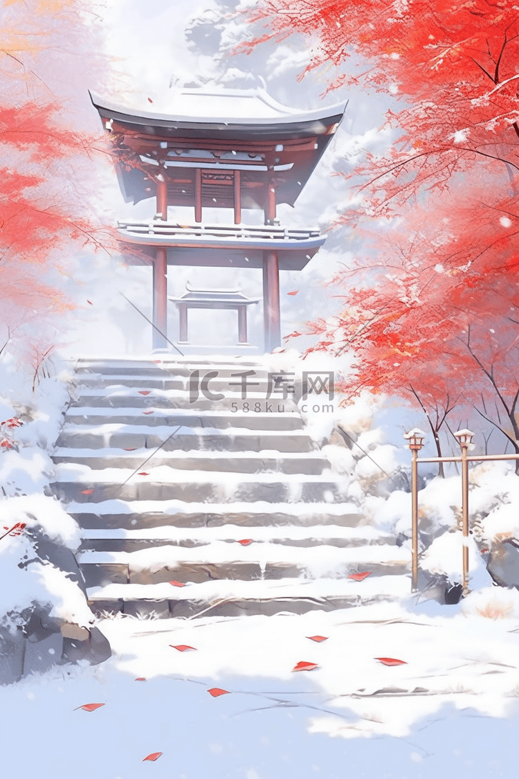 手绘冬天插画古典建筑红叶水彩