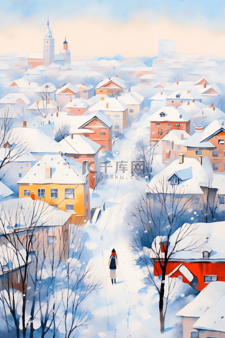 冬天雪景小镇覆盖着雪水彩手绘插画