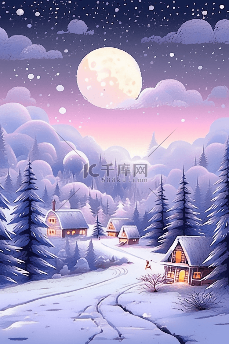 圆月冬天唯美雪景插画海报