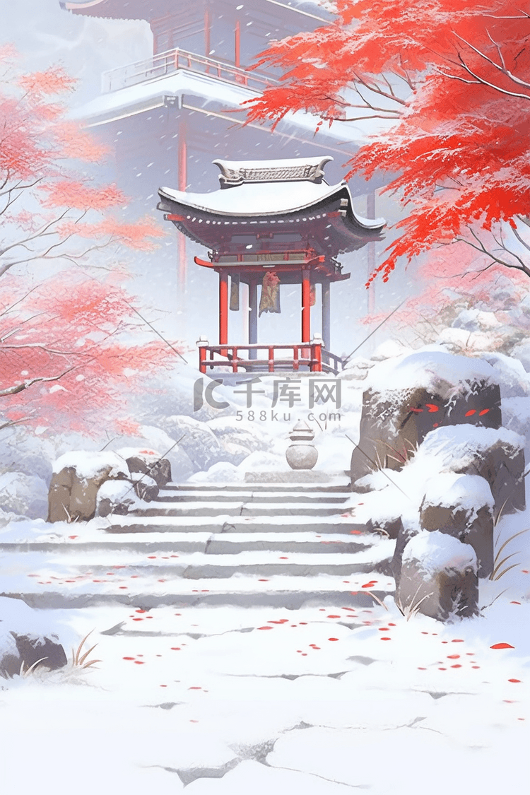 冬天古典建筑红叶水彩插画手绘