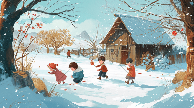 冬季手绘小孩雪地玩雪的插画12