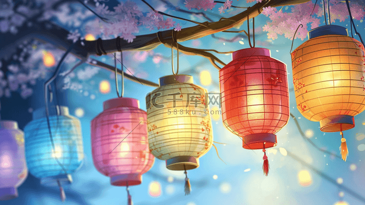手绘国风五彩灯笼高高挂起的16插画图片-千库网