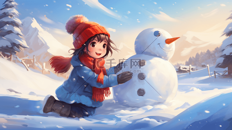 雪地里堆雪人的小女孩
