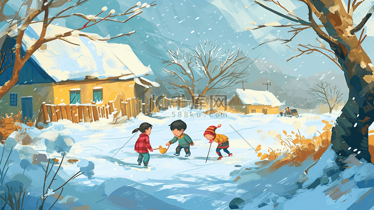 冬季手绘孩童嬉笑玩雪插画14