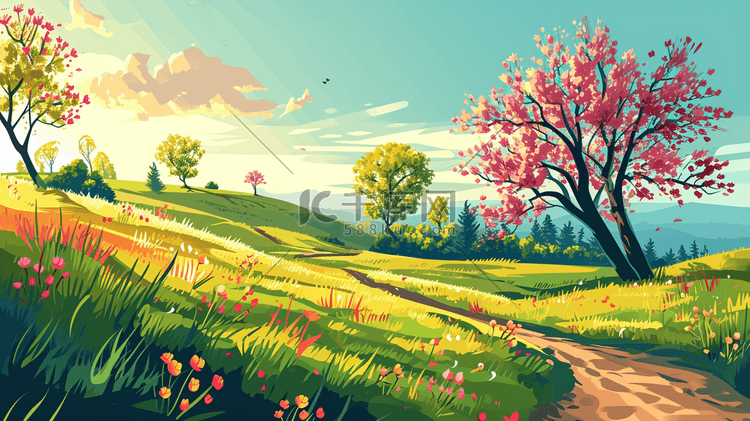 春季粉色盛开的花朵大树风景插画3