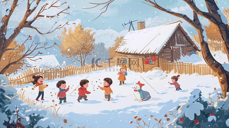 冬季手绘小孩雪地玩雪的插画4