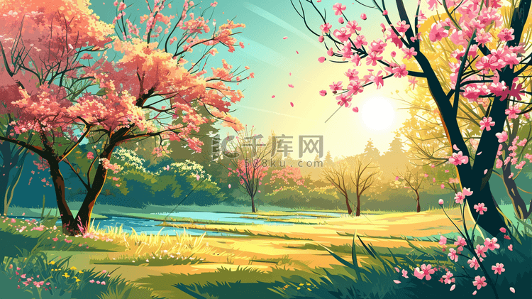 春季粉色盛开的花朵大树风景插画14