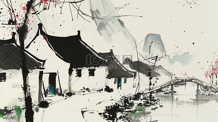 中国风水墨意境古典建筑风景插画3