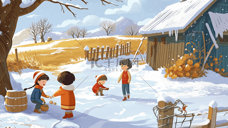 冬季手绘小孩雪地玩雪的插画8