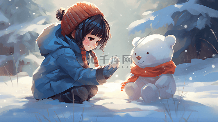 雪地里堆雪人的小女孩