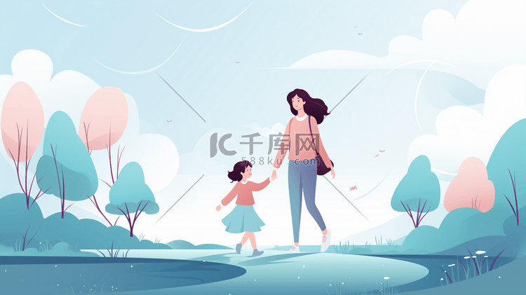彩色手绘母女牵手散步的插画5