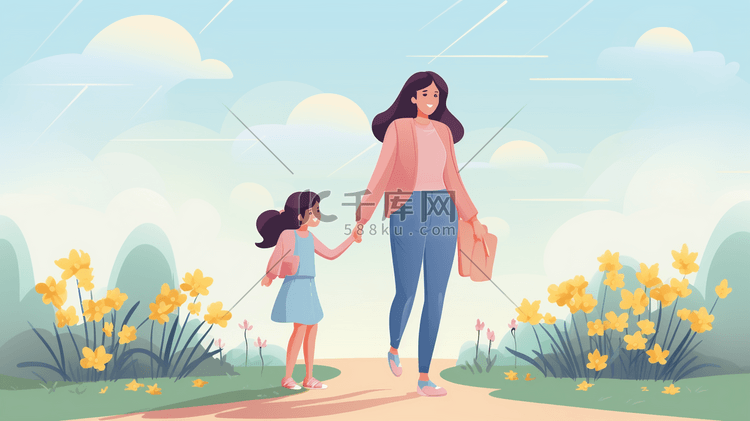 彩色手绘母女牵手散步的插画7