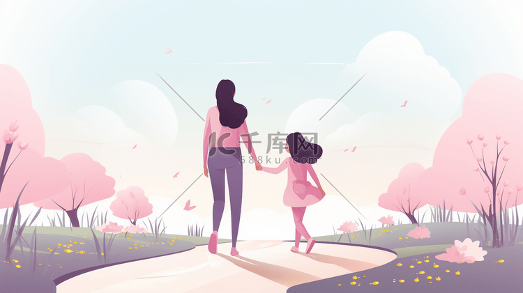 彩色手绘母女牵手散步的插画3