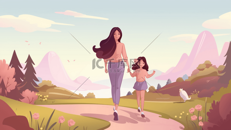 彩色手绘母女牵手散步的插画4