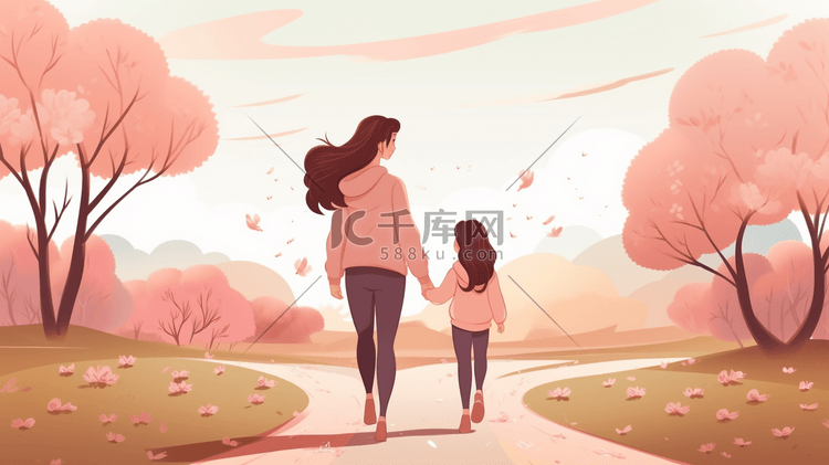 彩色手绘母女牵手散步的插画1