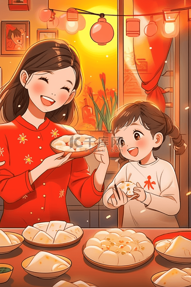 新年母子俩包饺子手绘海报插画