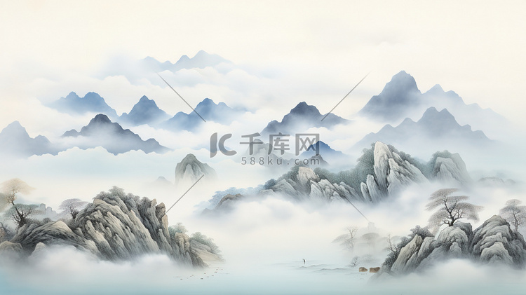 空灵优雅中国风山水画矢量插画