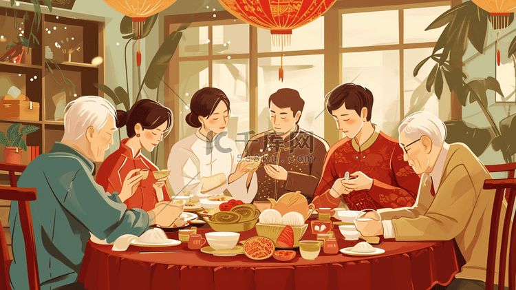 彩色扁平化中国春节团圆饭美食插画25