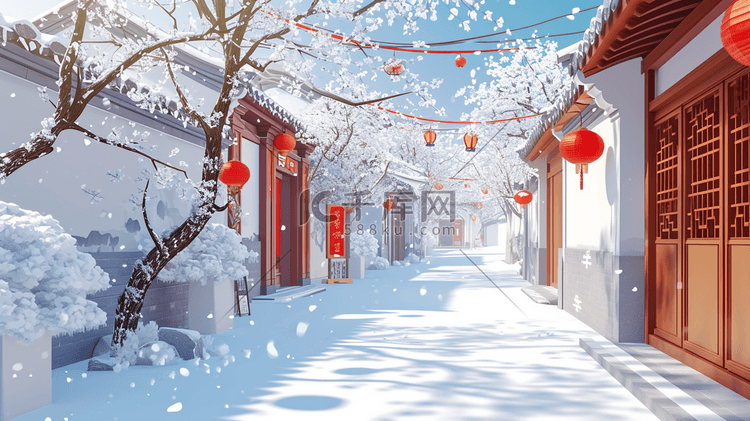 冬季中式庭院雪景唯美插画12