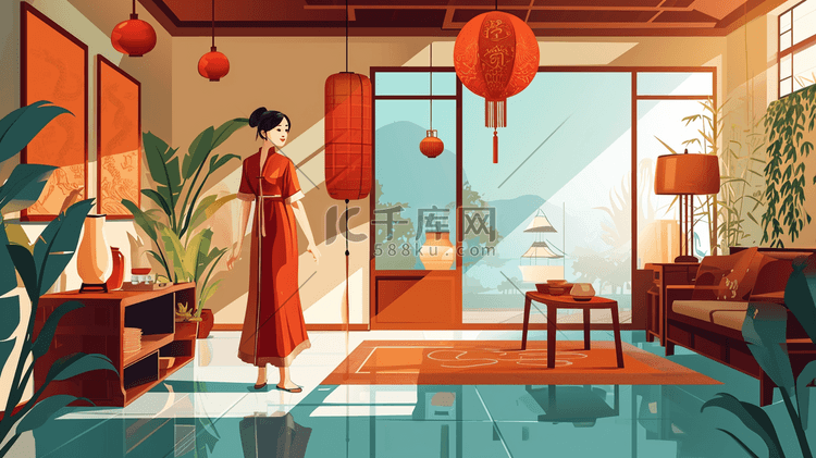 红色中国风古建筑风景与人物插画12