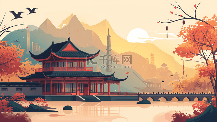 红色中国风古建筑风景与人物插画14