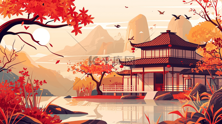 红色中国风古建筑风景与人物插画22