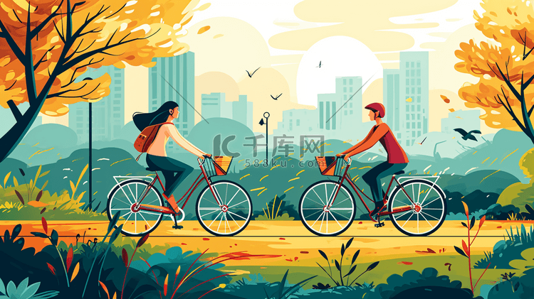 彩色手绘男孩女孩一起骑车的插画图18
