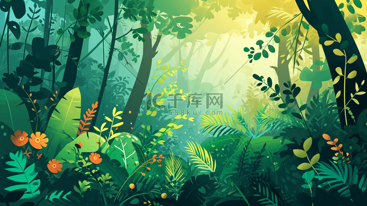 手绘绿色森林风景插画1