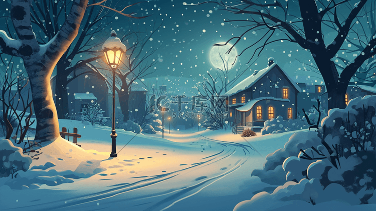 手绘浪漫夜晚灯光下雪景插画7