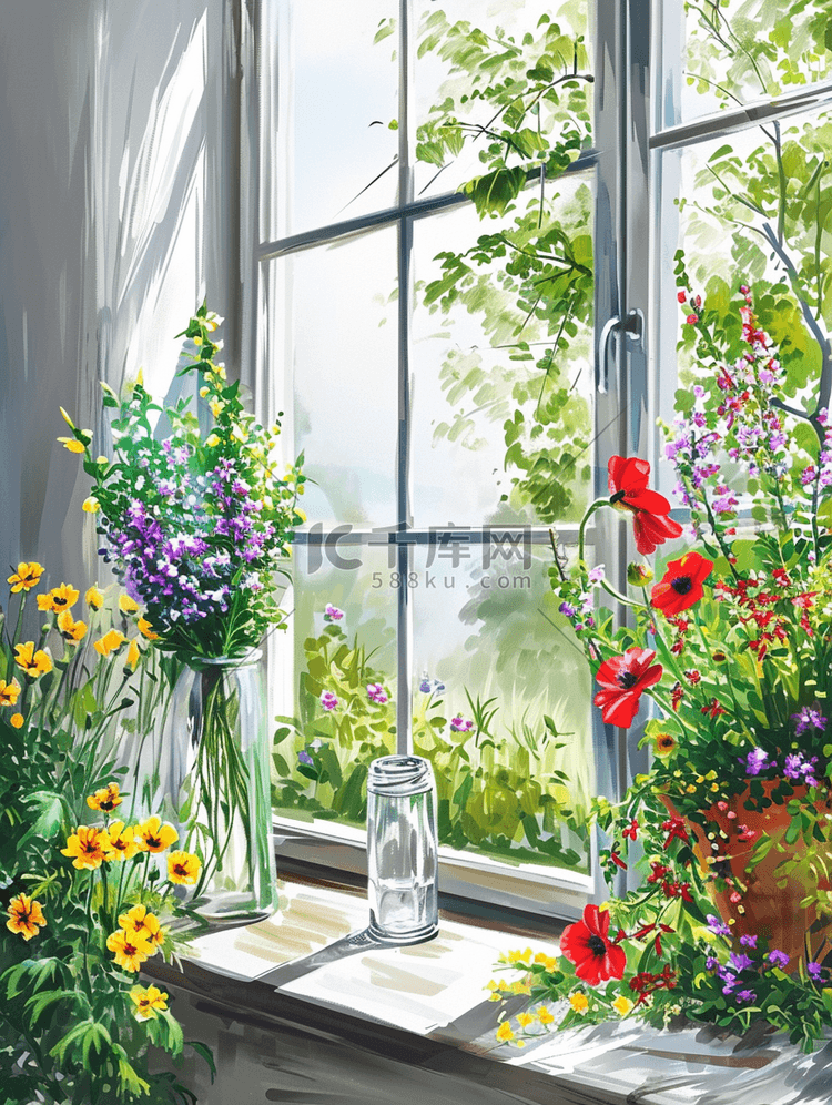 手绘春季窗台摆放的花卉爬藤插画17