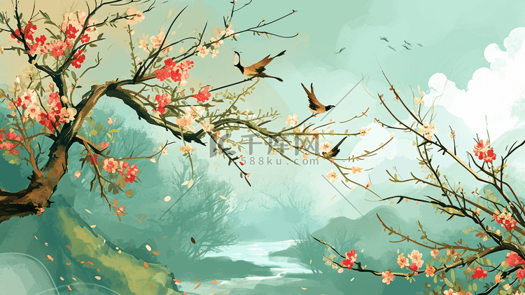 手绘彩色春季山水树枝插画1