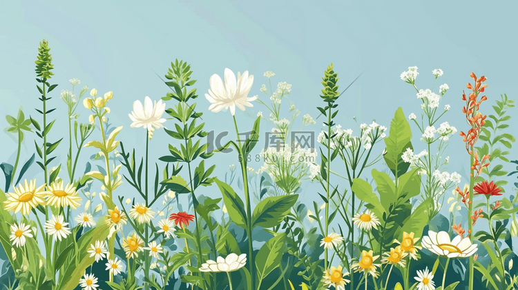 手绘绿色彩色花丛花草风景插画13