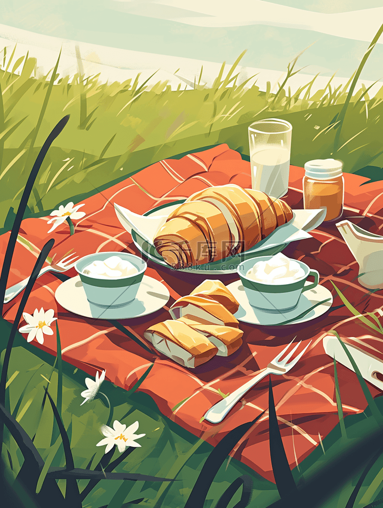 手绘彩色春季户外野餐的插画10
