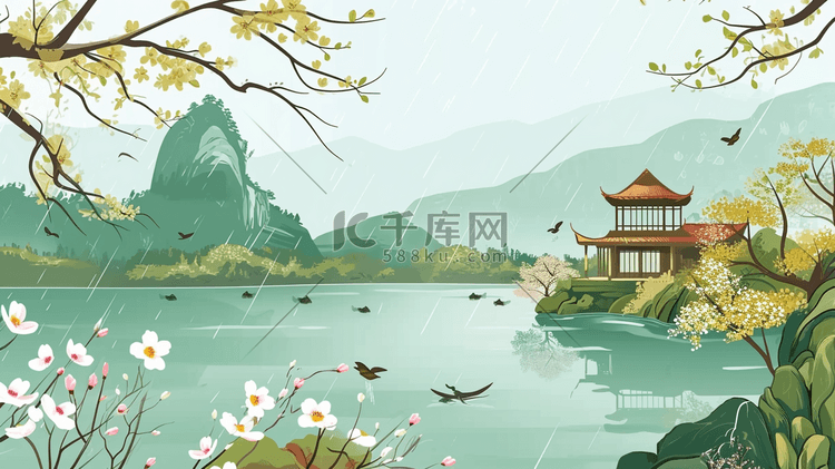 手绘公园河面树木下雨意境的插画10