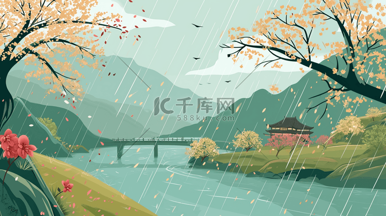 手绘公园河面树木下雨意境的插画1