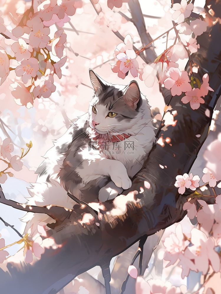 樱花树上的可爱小猫矢量插画