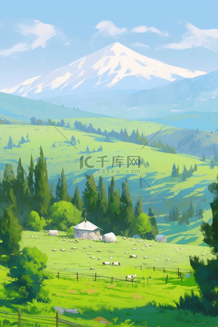 春天风景青山绿树油画手绘插画