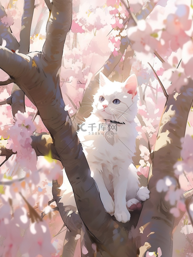 樱花树上的可爱小猫插画素材